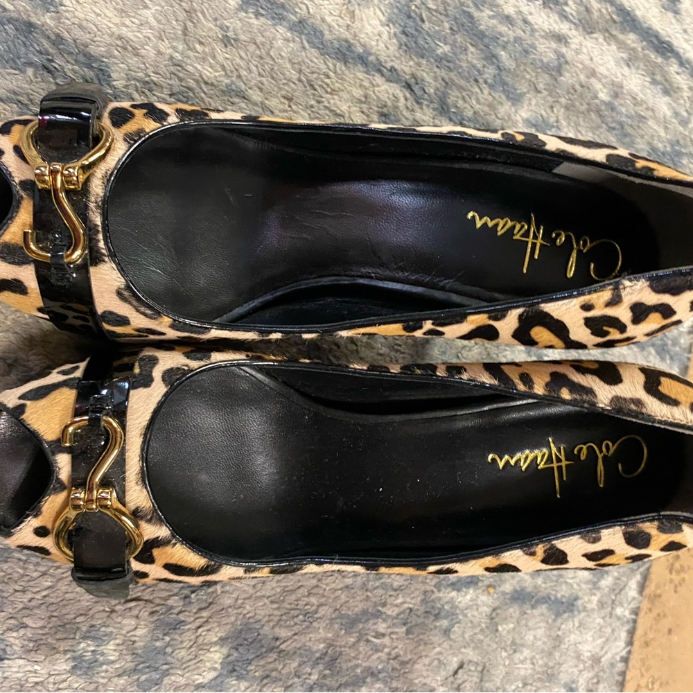 Cole Haan Black Peep Toe Heels with Leopard Bow - Picture 2 of 9